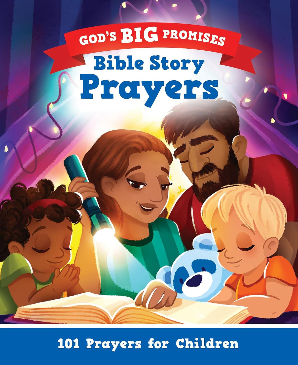 Book cover of 'God's Big Promises Bible Story Prayers' with a family reading together.