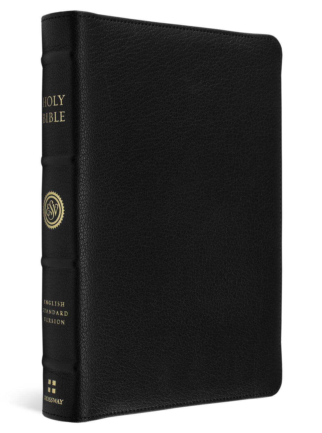 A black textured leather Holy Bible with gold lettering on the spine, shown at a three-quarter angle against a white background.