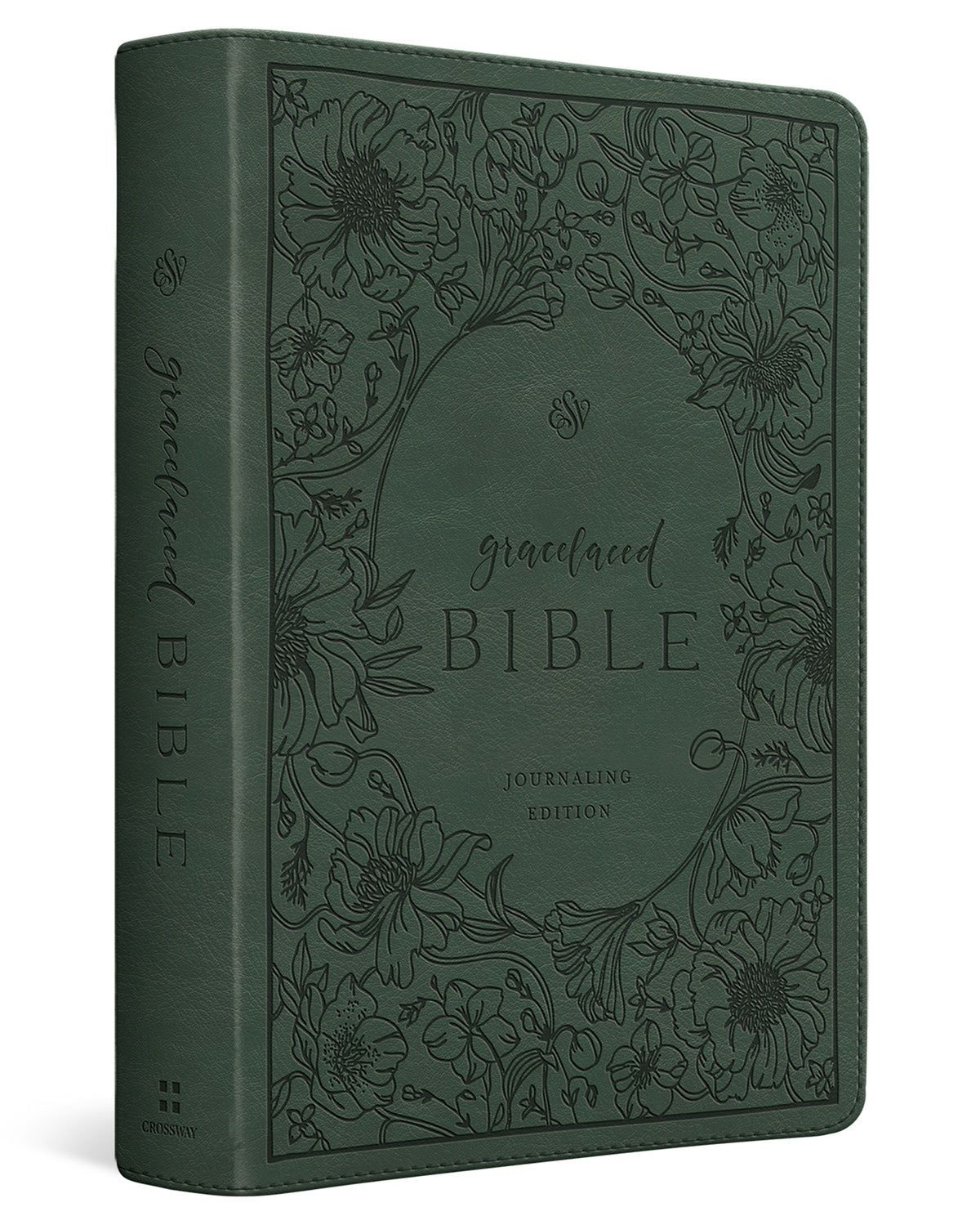 A dark green leather-bound journaling Bible with an embossed floral border and the title 'graceland BIBLE' on the front cover, shown standing upright against a white background.