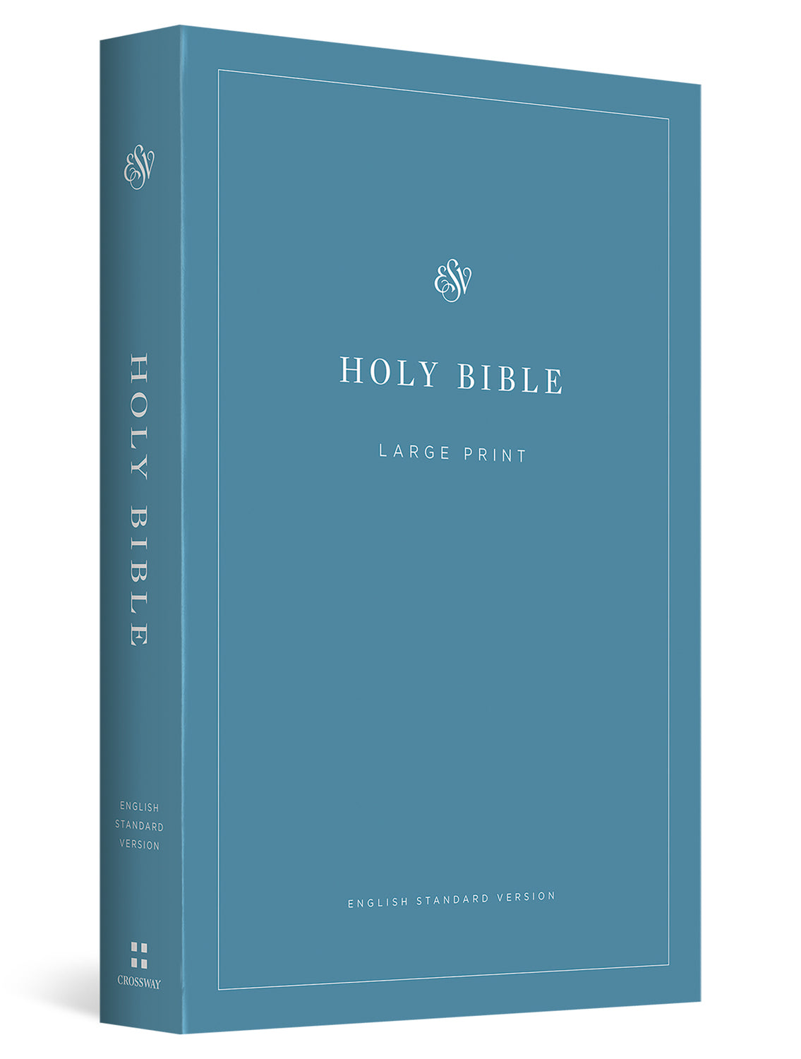 A blue Holy Bible with large print, shown as a 3D book cover mockup on a white background. The cover features a minimalist design with a thin white border and elegant typography.