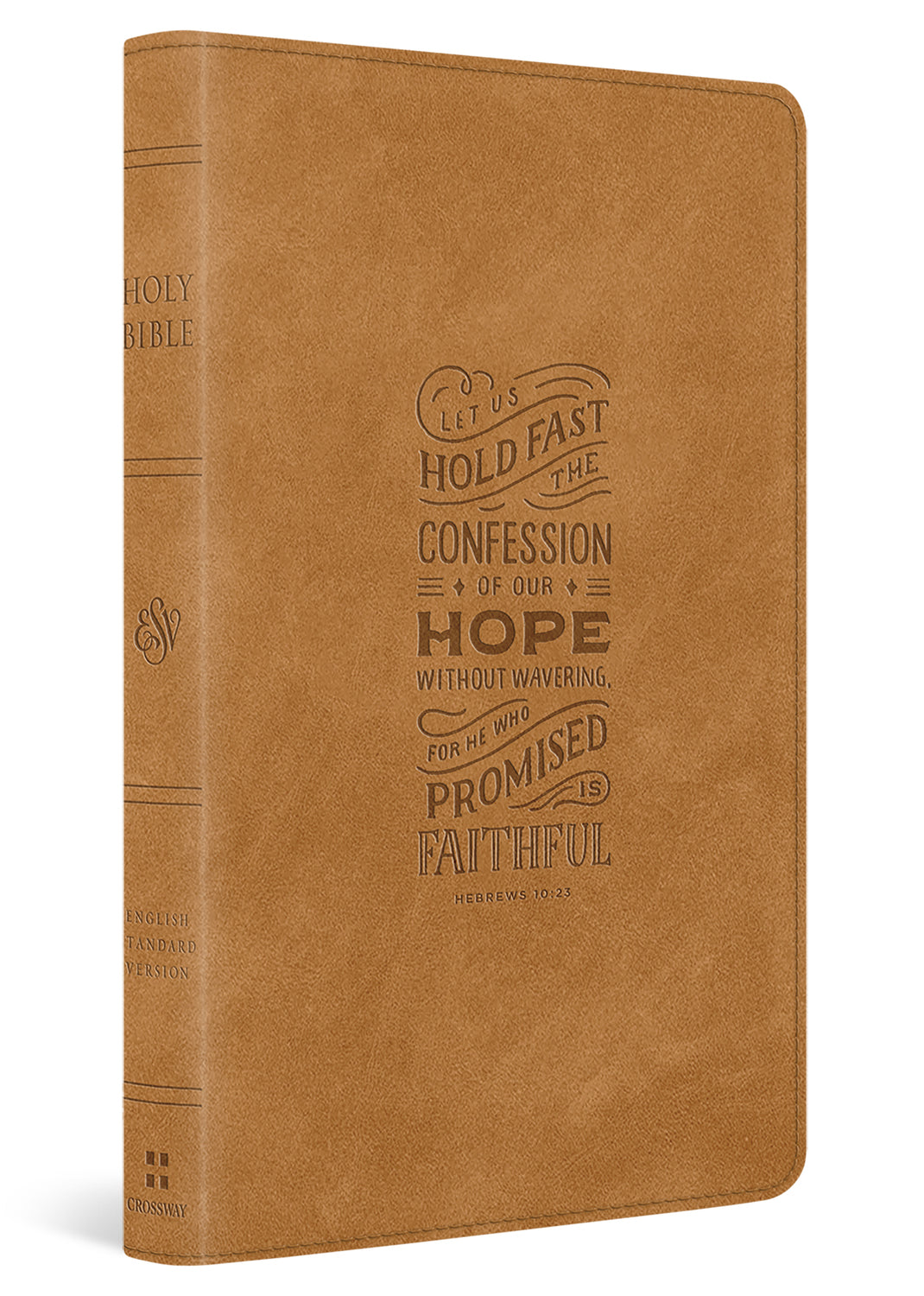 A brown faux-leather Bible with embossed text on the front cover and spine, shown on a clean white background.