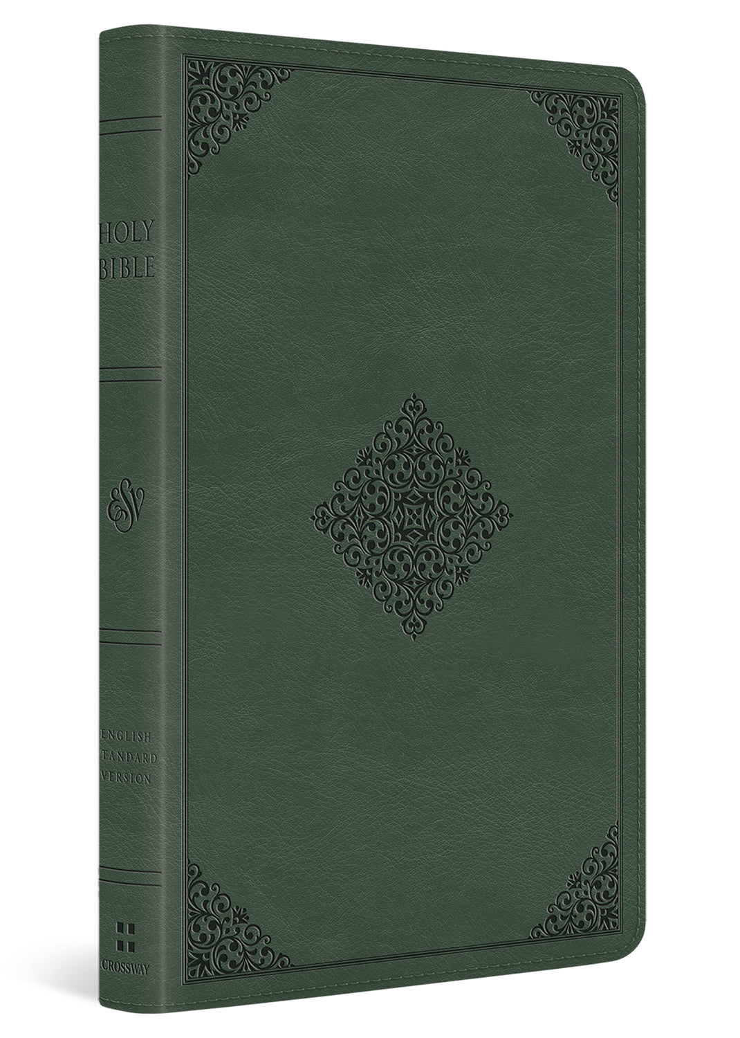 A dark gray embossed Bible with a textured cover and decorative corner and center diamond patterns, shown at a three-quarter angle on a white background.