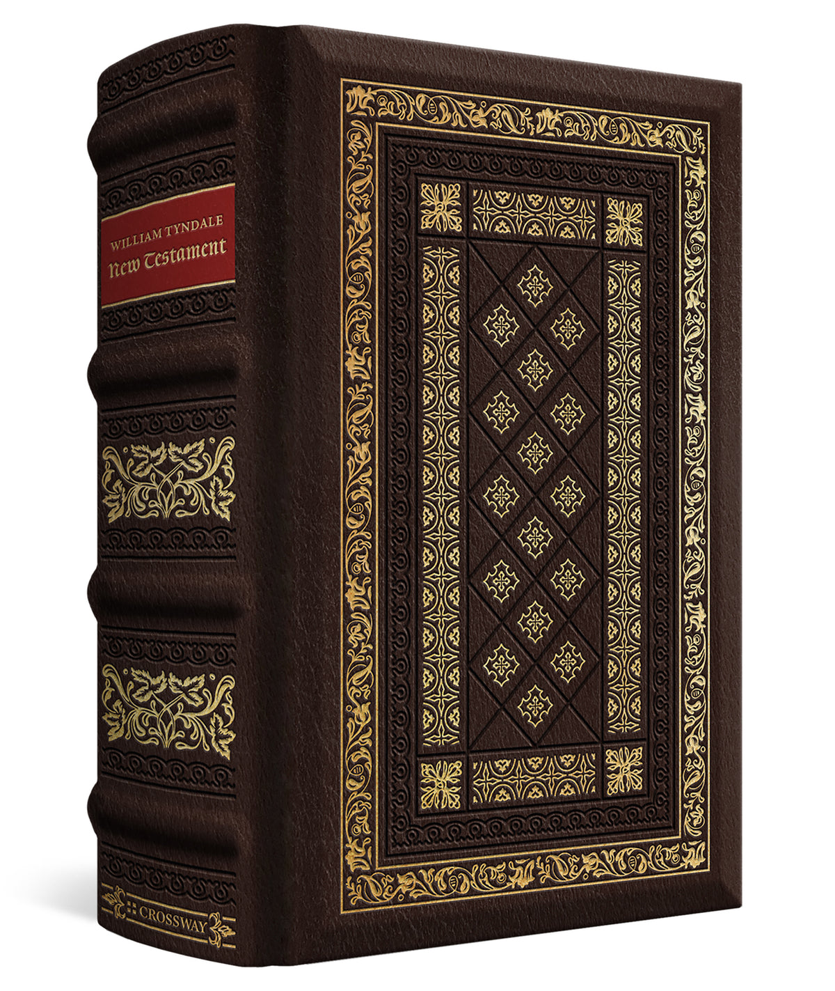 A classic hardcover book with a dark brown leather-like cover, ornate gold foil detailing, and a red title block on the spine, shown on a clean white background.