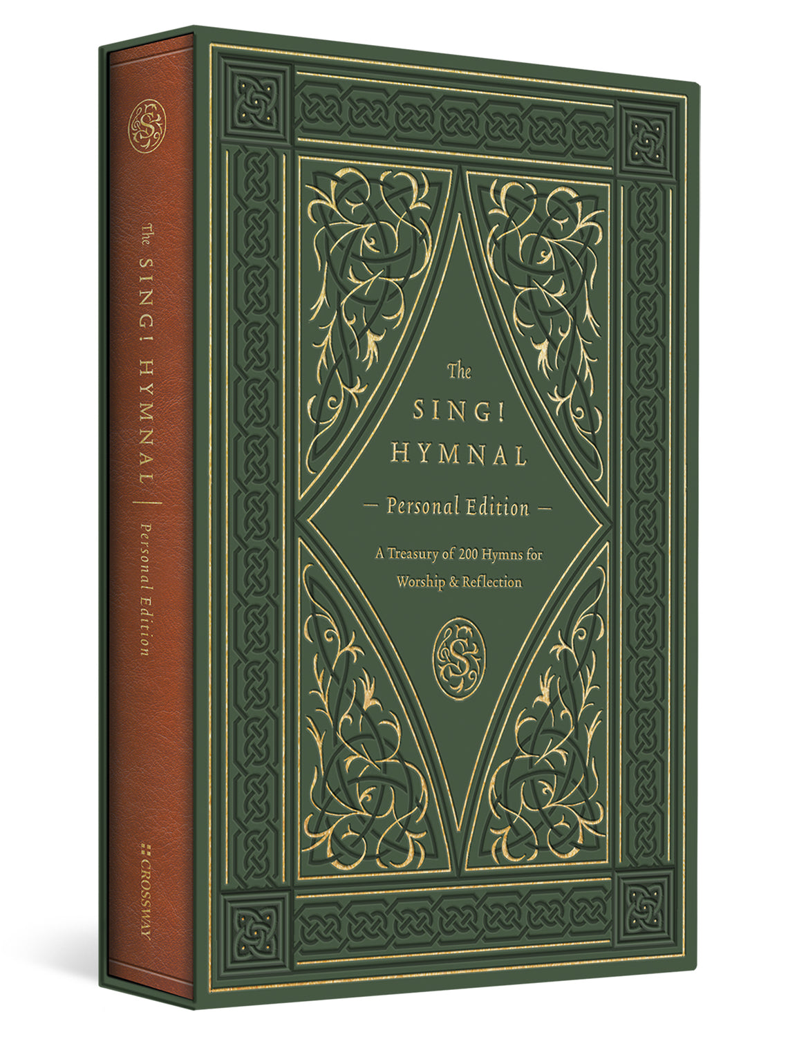The Sing! Hymnal Personal Edition book shown at a three-quarter angle, featuring a dark green front cover with ornate gold embossed floral and geometric designs, and a brown spine with gold text.