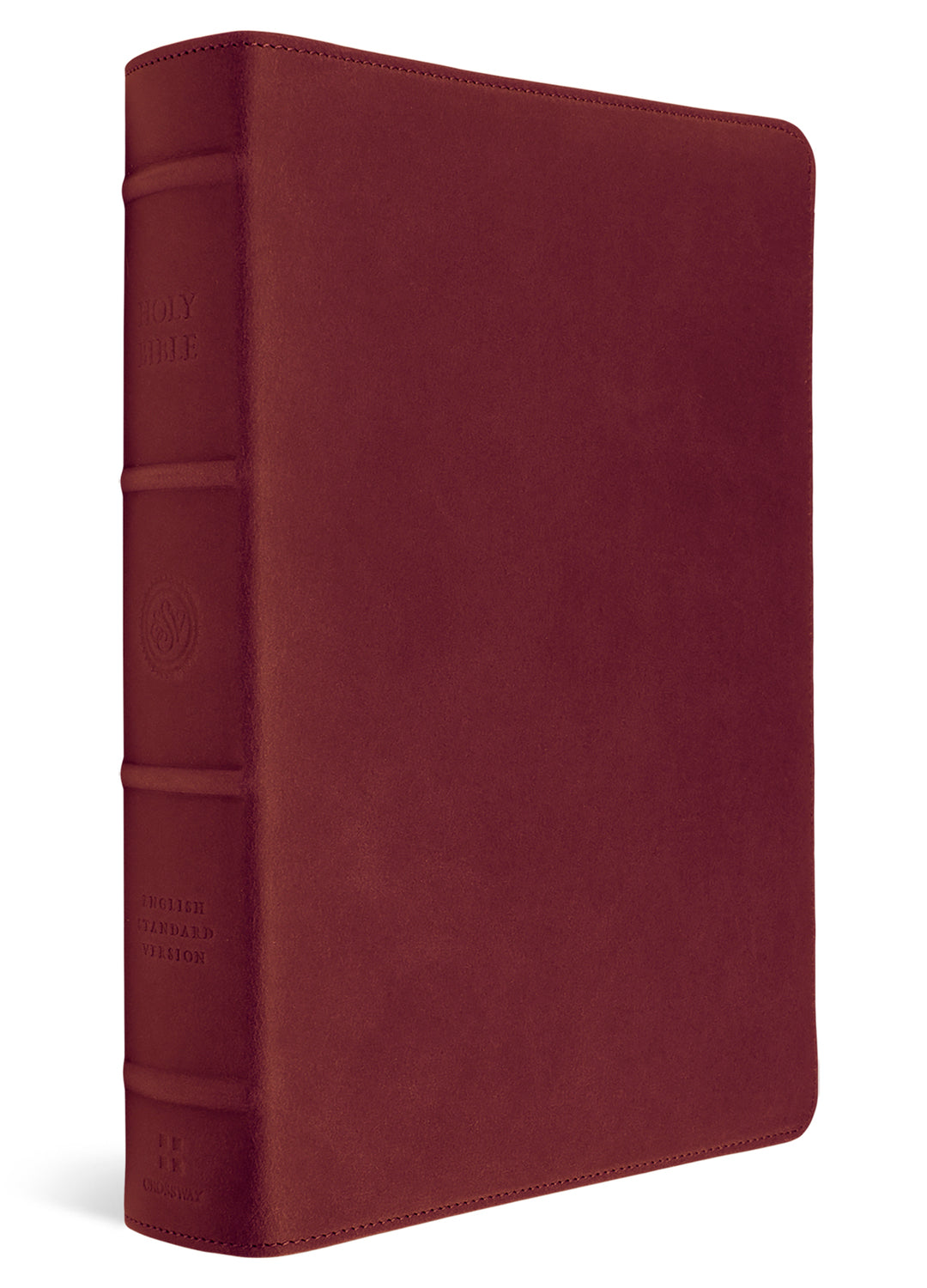 A dark red leather Bible with a textured finish, featuring a detailed spine with gold lettering and decorative bands, shown on a clean white background.