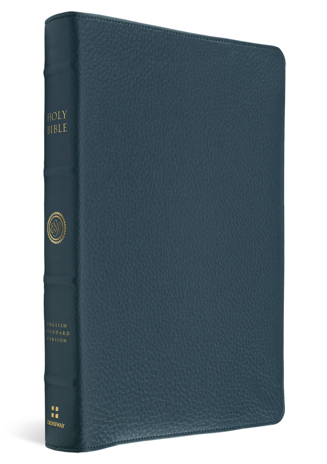 A Holy Bible with a textured dark teal-blue pebbled leather cover and gold embossed lettering on the spine, shown on a clean white background.