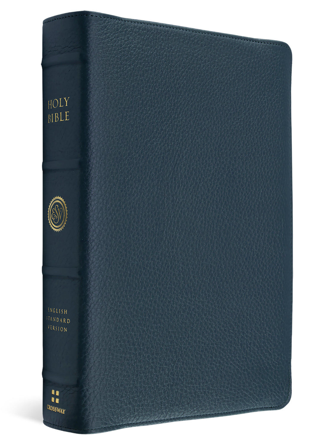 A Holy Bible in a textured navy blue leather cover with gold lettering on the spine, shown at a three-quarter angle on a white background.