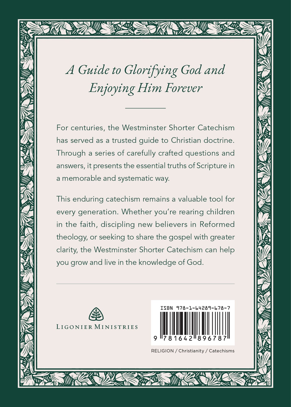 Back cover of a book with text about the Westminster Shorter Catechism on a green background