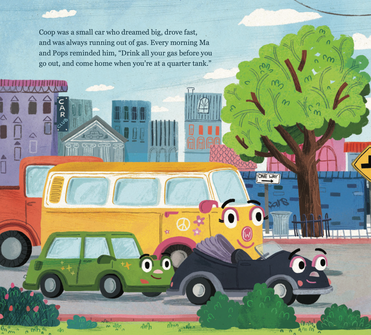 Illustrated interior spread from Coop Messes Up (The Wheelies)
