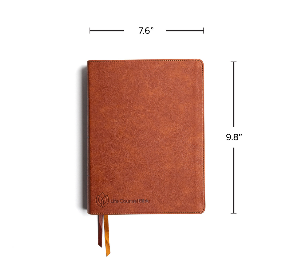 Front view of CSB Life Counsel Bible, Burnt Sienna Leathertouch: Practical Wisdom for All of Life with its dimensions marked