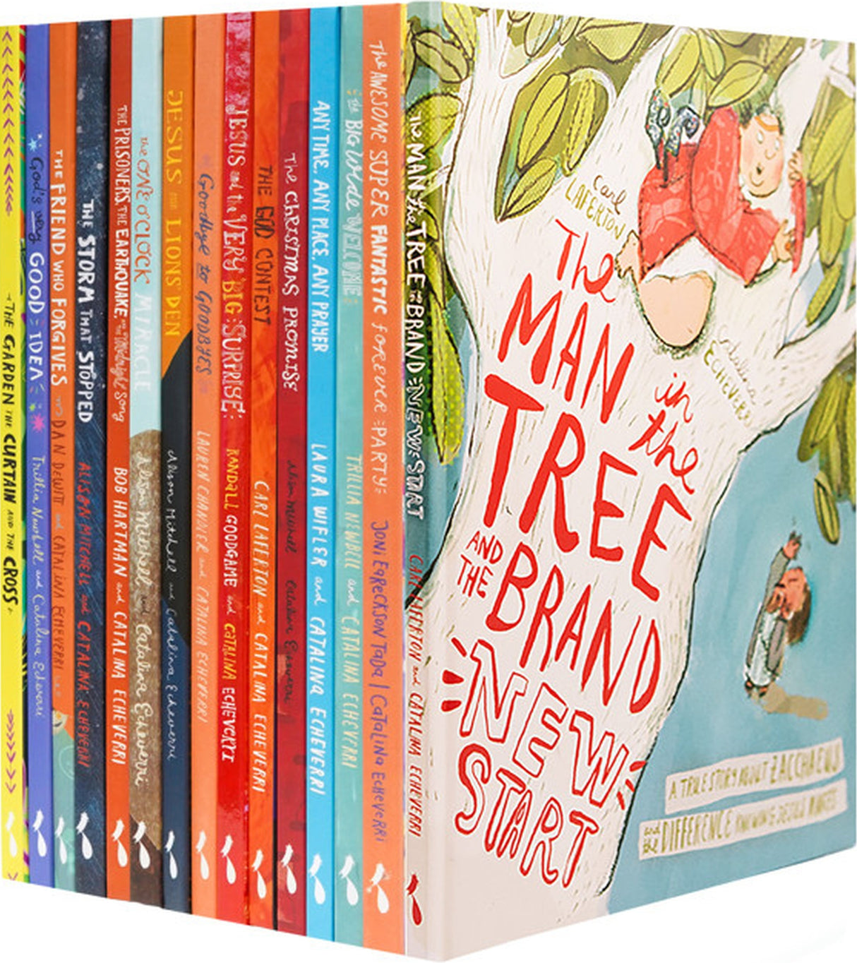 Set of books with colorful spines and a prominent tree-themed cover on a white background