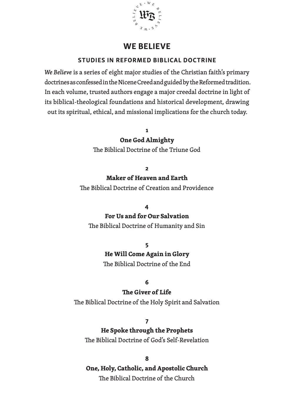 Page listing the titles in the We Believe (3-Volume Set) series