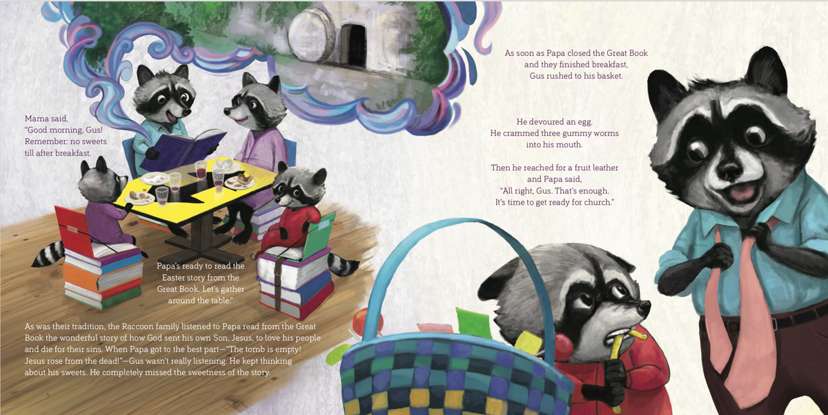 Illustrated interior spread from Gus Loses His Grip: When You Want Something Too Much (Good News for Little Hearts)