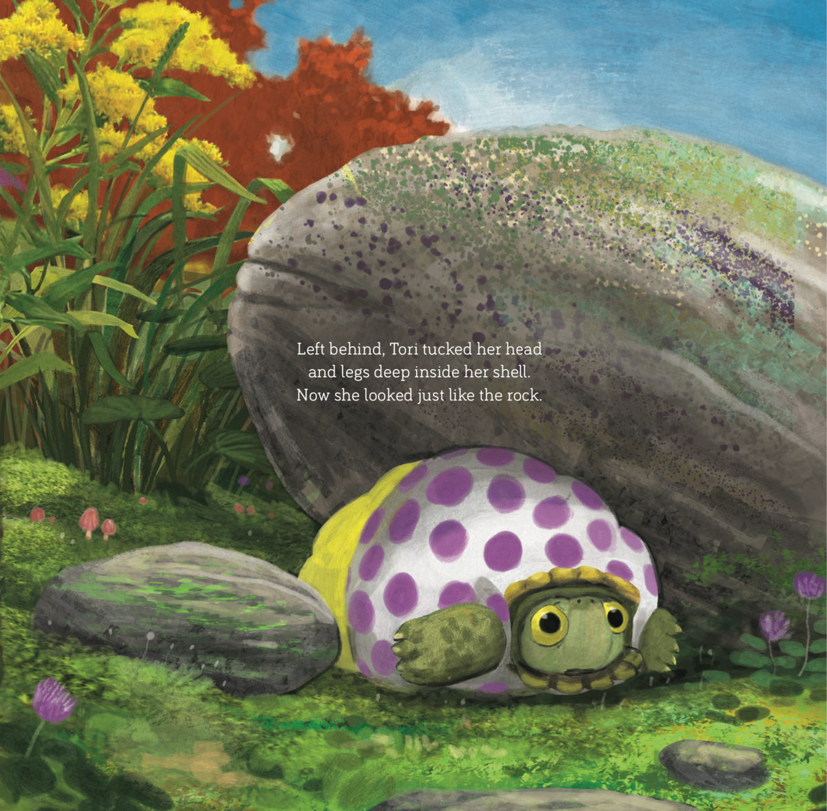 Illustrated interior spread from Tori Comes Out of Her Shell: When You Are Lonely (Good News for Little Hearts)