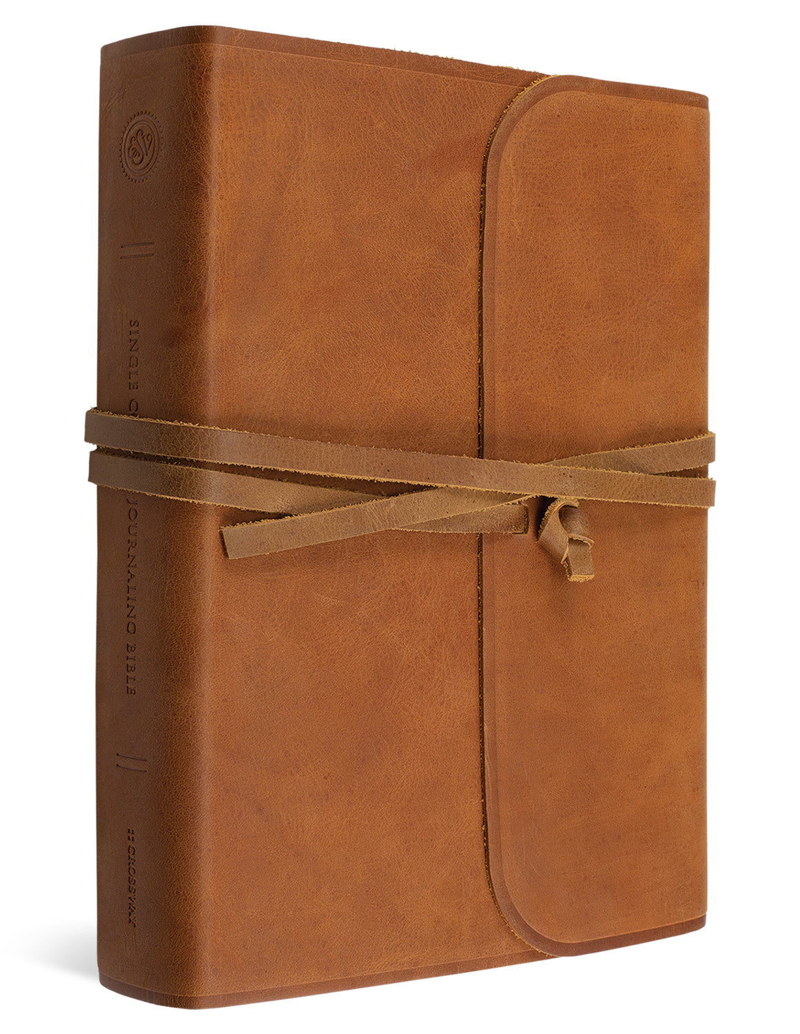 ESV Single Column Journaling Bible, Large Print (Natural Leather, Brown, Flap with Strap) cover shown at an angle