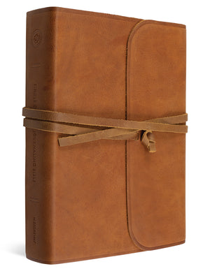 ESV Single Column Journaling Bible, Large Print (Natural Leather, Brown, Flap with Strap) cover shown at an angle
