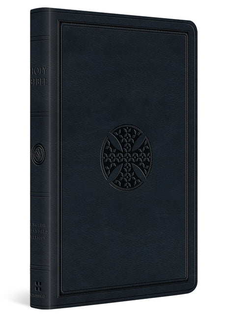 ESV Large Print Value Thinline Bible (Trutone, Navy, Mosaic Cross Design) cover shown at an angle