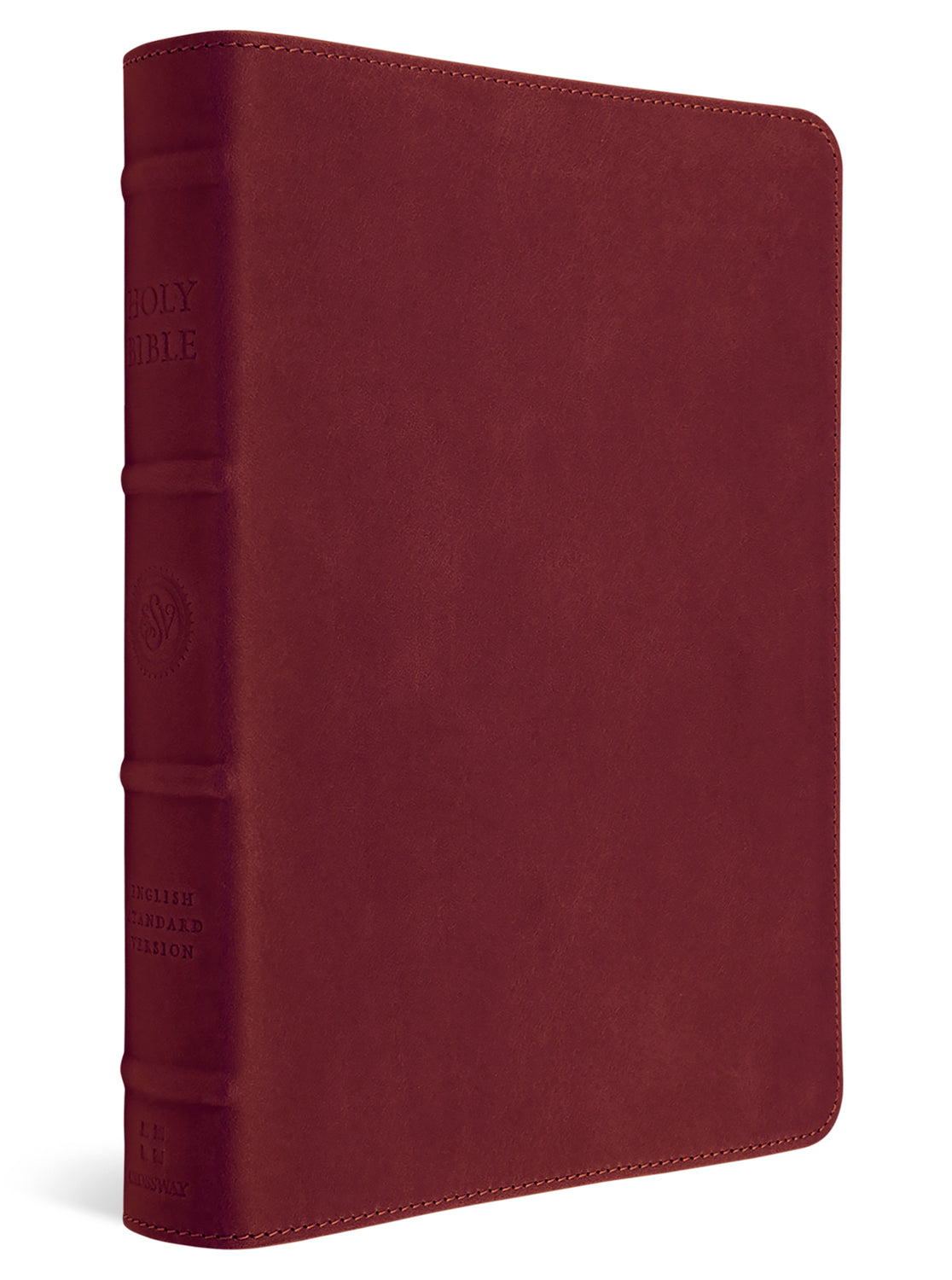 A dark red textured leather Bible, shown standing upright at a slight angle to display the spine and cover stitching, on a clean white background.