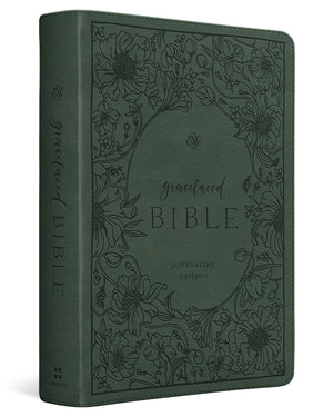 A dark green leather-bound journaling Bible with an embossed floral border and the title 'graceland BIBLE' on the front cover, shown standing upright against a white background.