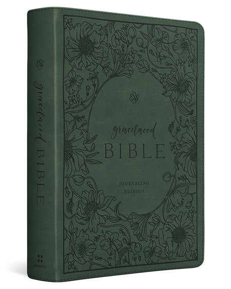 A dark green leather-bound journaling Bible with an embossed floral border and the title 'graceland BIBLE' on the front cover, shown standing upright against a white background.
