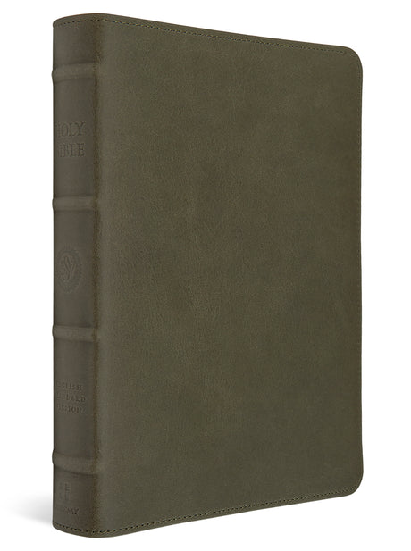 An olive green textured leather Bible cover with a matching leather-look spine, shown at a three-quarter angle on a white background.