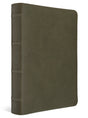 An olive green textured leather Bible cover with a matching leather-look spine, shown at a three-quarter angle on a white background.