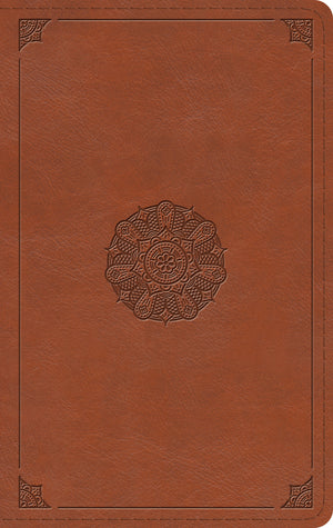 ESV Large Print Thinline Bible (Trutone, English Saddle, Emblem Design) front cover (8328011710664)