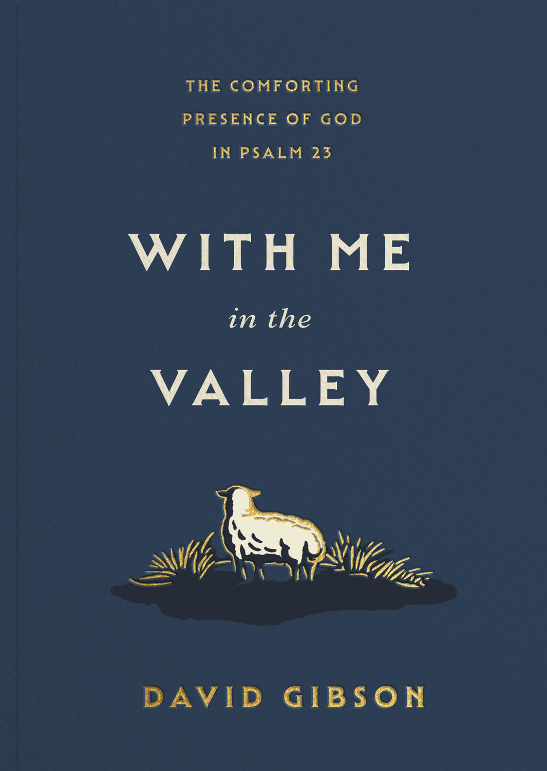 Book cover of 'With Me in the Valley' by David Gibson with a sheep illustration on a dark blue background.