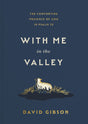 Book cover of 'With Me in the Valley' by David Gibson with a sheep illustration on a dark blue background.