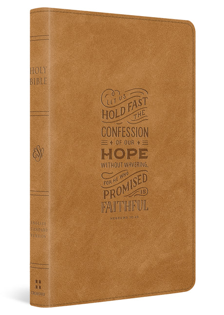A brown faux-leather Bible with embossed text on the front cover and spine, shown on a clean white background.