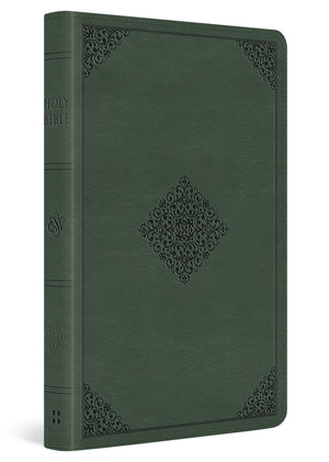 A dark gray embossed Bible with a textured cover and decorative corner and center diamond patterns, shown at a three-quarter angle on a white background.