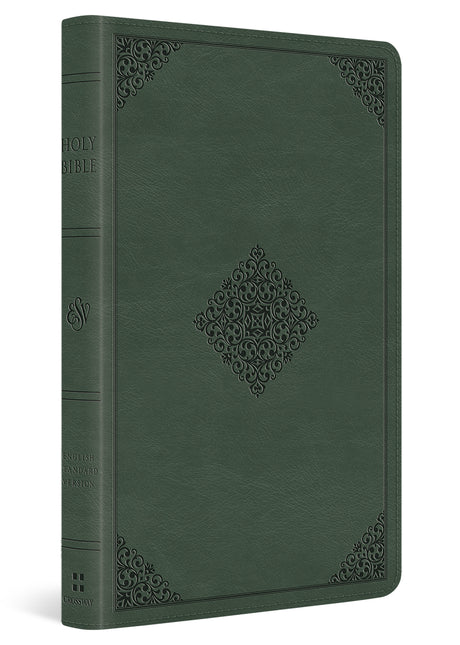 A dark gray embossed Bible with a textured cover and decorative corner and center diamond patterns, shown at a three-quarter angle on a white background.
