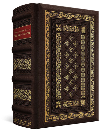 A classic hardcover book with a dark brown leather-like cover, ornate gold foil detailing, and a red title block on the spine, shown on a clean white background.