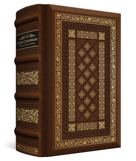 A luxury leather-bound Bible shown at a three-quarter angle on a white background. The cover is dark brown leather with ornate gold foil detailing, and a black title label is visible on the spine.