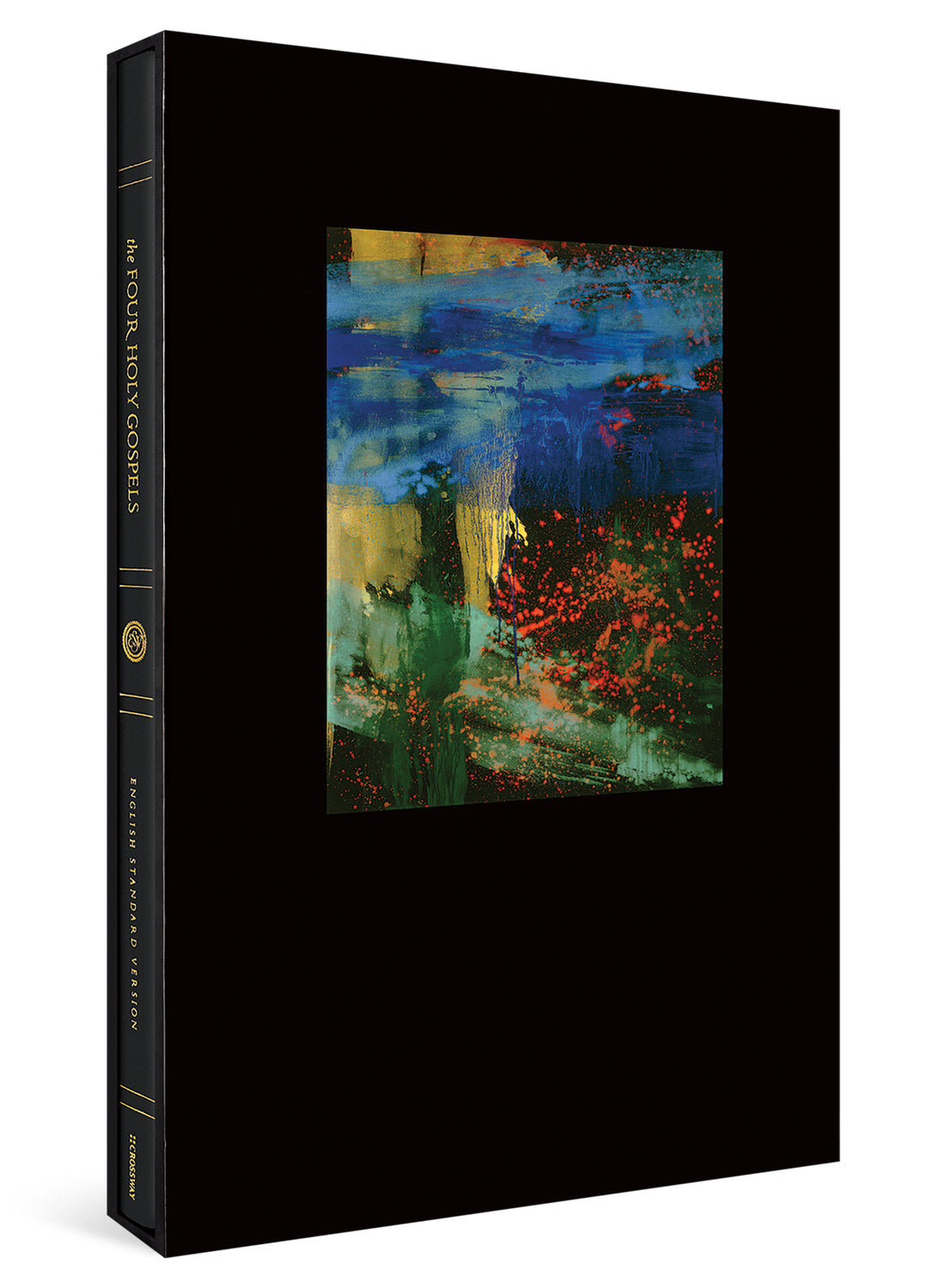 A hardcover art book shown at a slight angle, featuring a solid black cover with a central abstract painting in shades of blue, green, yellow, and red. The spine is also black with gold text and detailing.