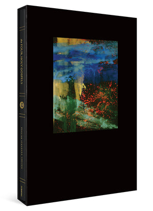 A hardcover art book shown at a slight angle, featuring a solid black cover with a central abstract painting in shades of blue, green, yellow, and red. The spine is also black with gold text and detailing.