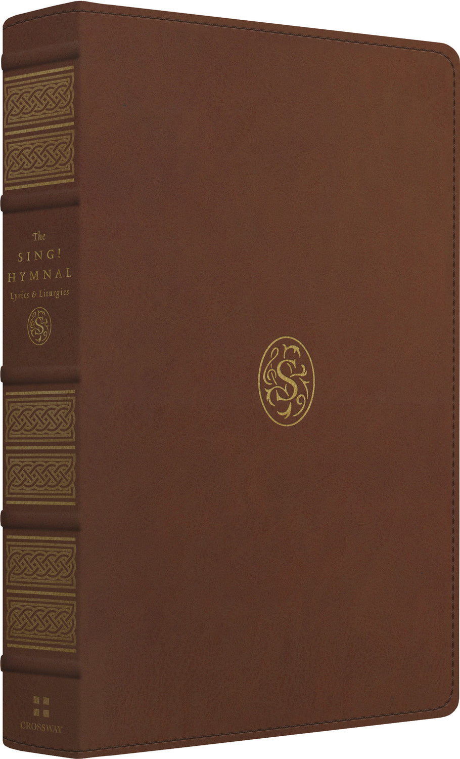 Brown leather-bound hymnal with gold embossed detailing on the spine and front cover, including a circular monogram logo.