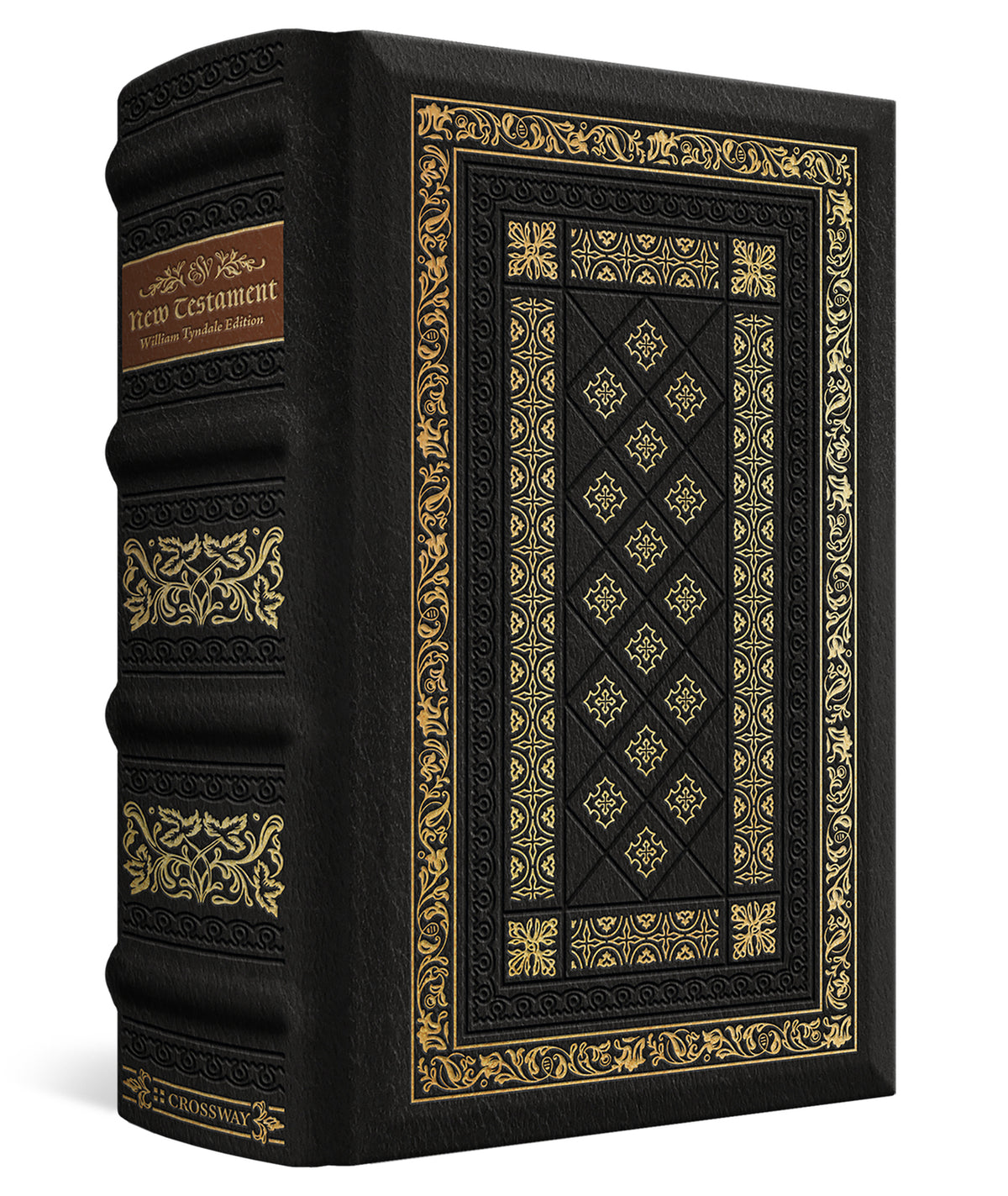 A black leather-bound book with ornate gold foil detailing on the cover and spine, featuring a brown label on the upper spine