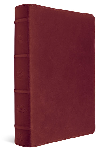 A dark red leather Bible with a textured finish, featuring a detailed spine with gold lettering and decorative bands, shown on a clean white background.