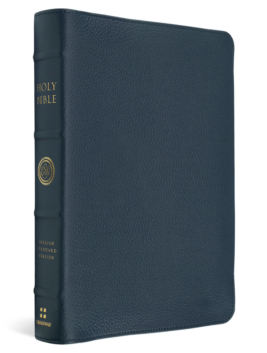 A navy blue pebbled leather Holy Bible with gold lettering on the spine, shown at a three-quarter angle against a white background.