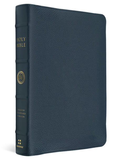 A navy blue pebbled leather Holy Bible with gold lettering on the spine, shown at a three-quarter angle against a white background.