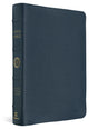 A navy blue pebbled leather Holy Bible with gold lettering on the spine, shown at a three-quarter angle against a white background.