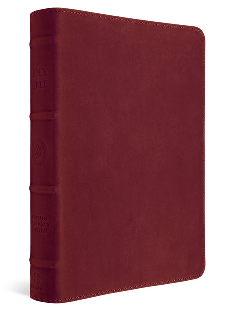 A dark red textured leather Bible, shown standing upright at a slight angle to display the spine and cover stitching, on a clean white background.