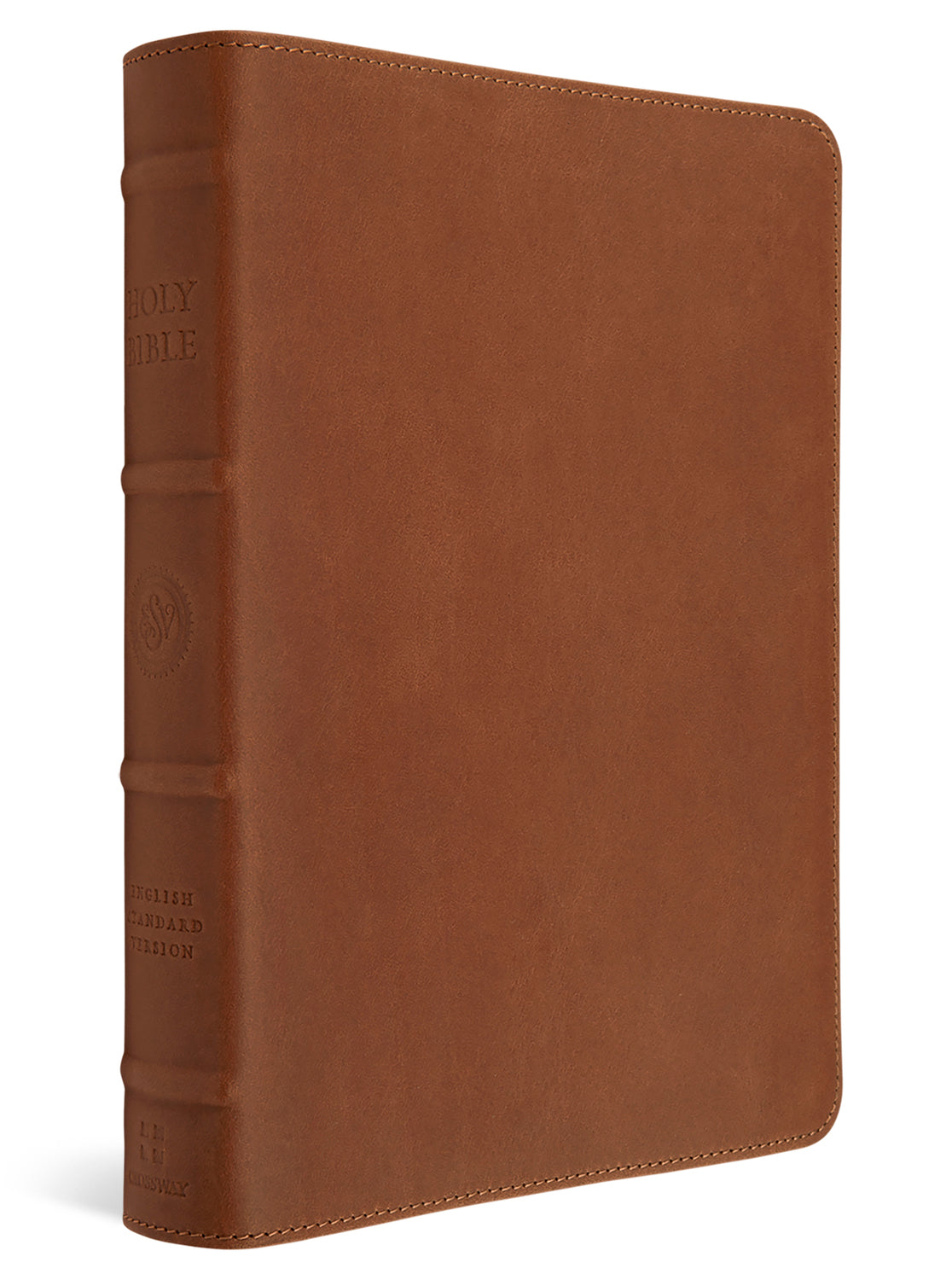 A brown leather-bound Holy Bible standing upright, showing the front cover and embossed spine details against a clean white background.