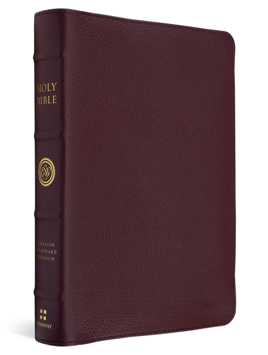 A Holy Bible in a textured burgundy leather cover with gold lettering on the spine, shown at a three-quarter angle against a white background.
