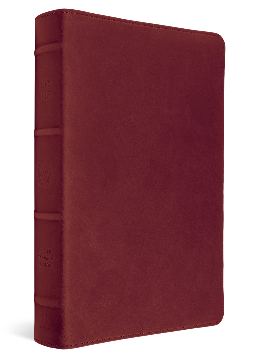 A dark red leather Bible with a textured finish, featuring a full leather cover and a detailed, embossed spine with decorative bands and gold lettering, shown on a white background.