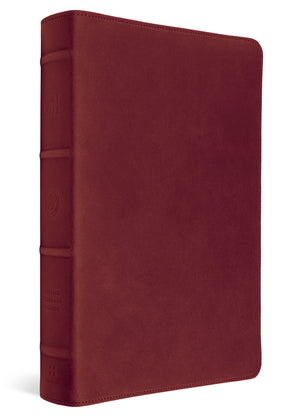 A dark red leather Bible with a textured finish, featuring a full leather cover and a detailed, embossed spine with decorative bands and gold lettering, shown on a white background.