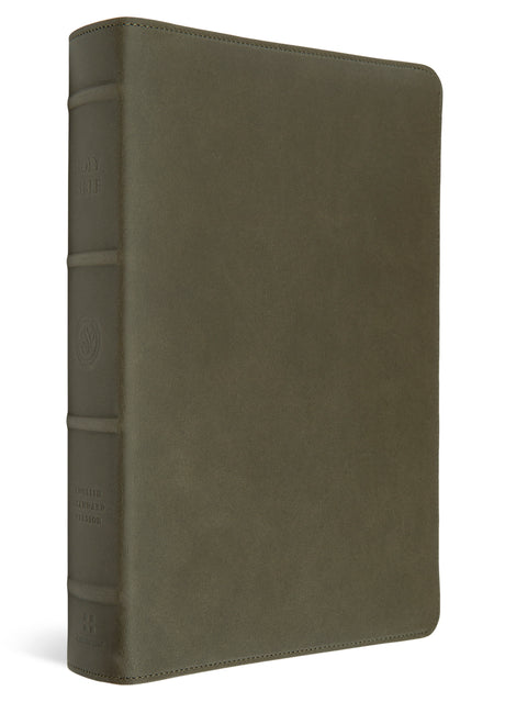 An olive green leather Bible cover with a matching leather-look spine, shown at a three-quarter angle on a white background.