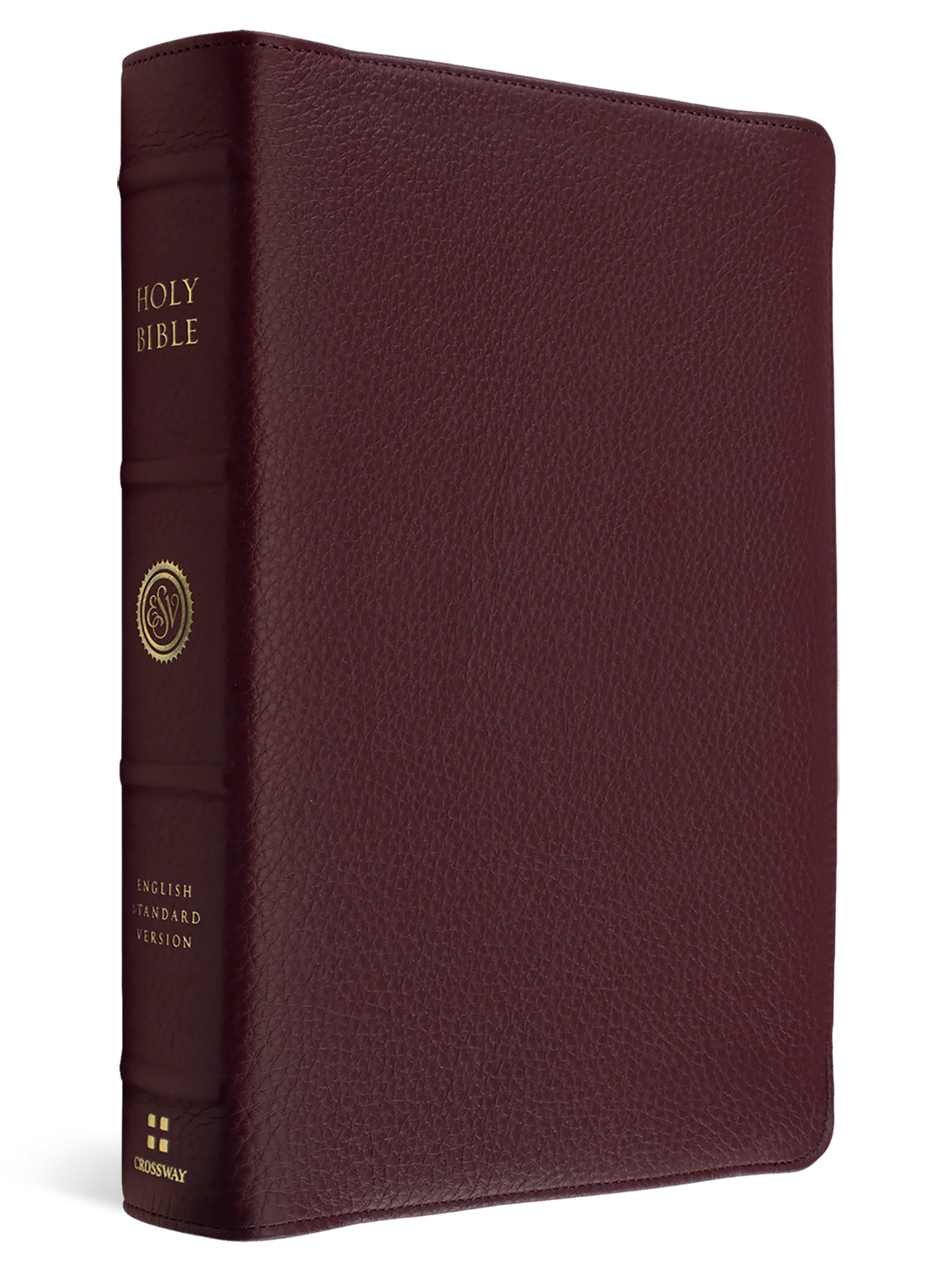 A Holy Bible in pebbled burgundy leather with gold lettering on the spine, shown standing upright against a plain white background.