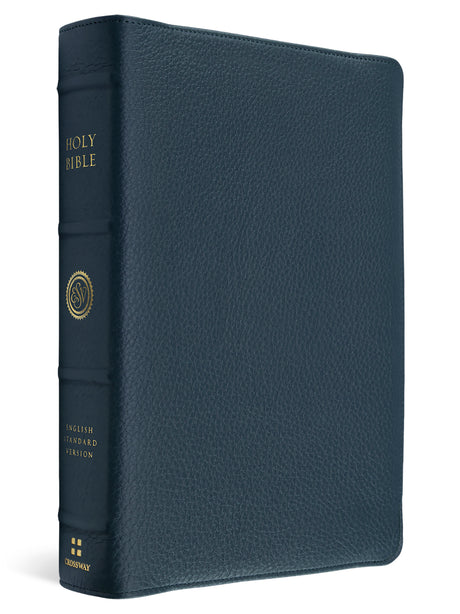A Holy Bible in a textured navy blue leather cover with gold lettering on the spine, shown at a three-quarter angle on a white background.